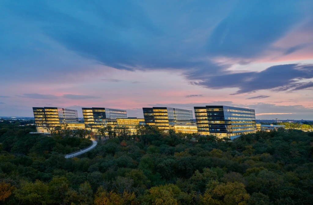 American Airlines complex exterior at dusk