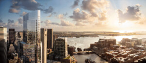 Boston South Station Tower exterior skyline during golden hour