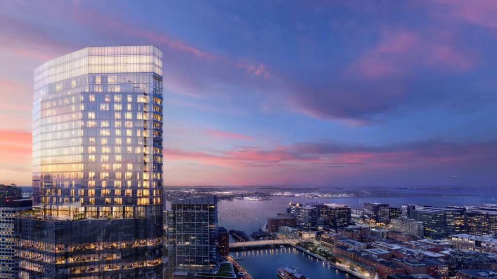 Boston South Station Tower exterior skyline at dusk