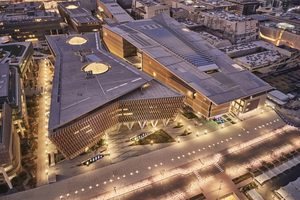 Kuwait College of Life Sciences exterior aerial view at dusk