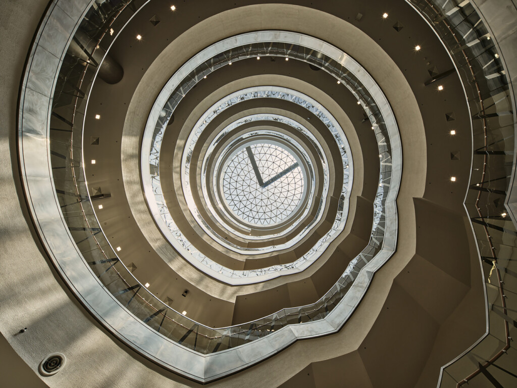 Kuwait College of Life Sciences interior atrium looking up to a skylight