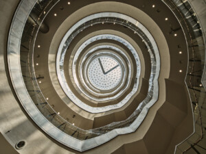 Kuwait College of Life Sciences interior atrium looking up to a skylight