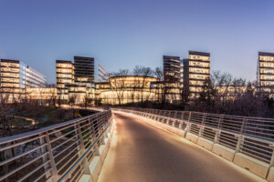 American Airlines exterior footbridge at dusk