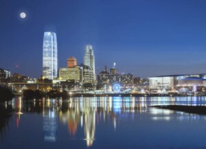 Mutual of Omaha exterior skyline at night