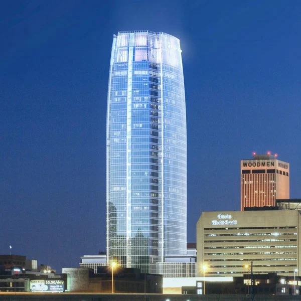 Mutual of Omaha tower exterior at night