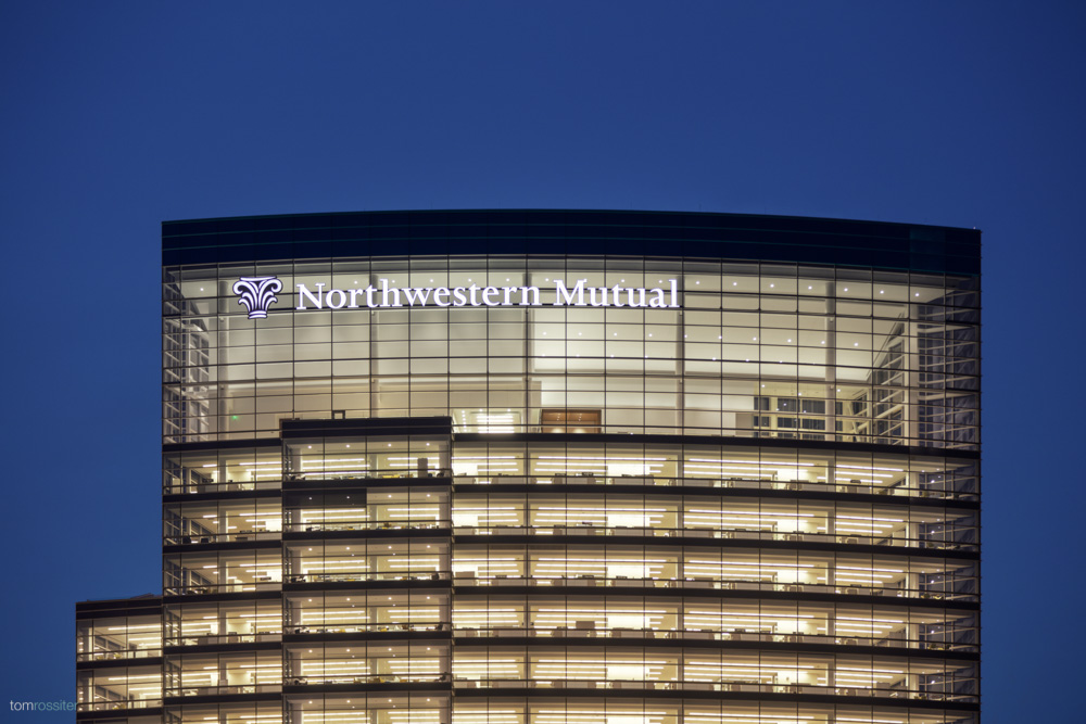 Northwestern Mutual tower exterior detail at night
