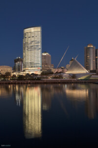 Northwestern Mutual tower exterior as seen from the water at night