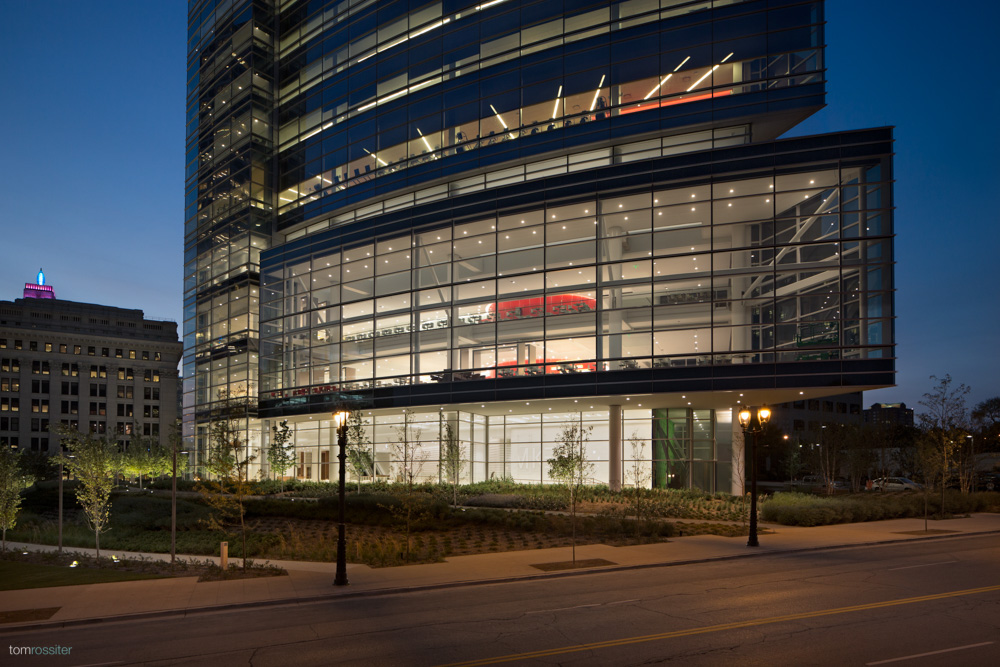Northwestern Mutual tower exterior entry at night
