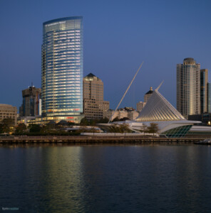 Northwestern Mutual tower exterior skyline at dusk