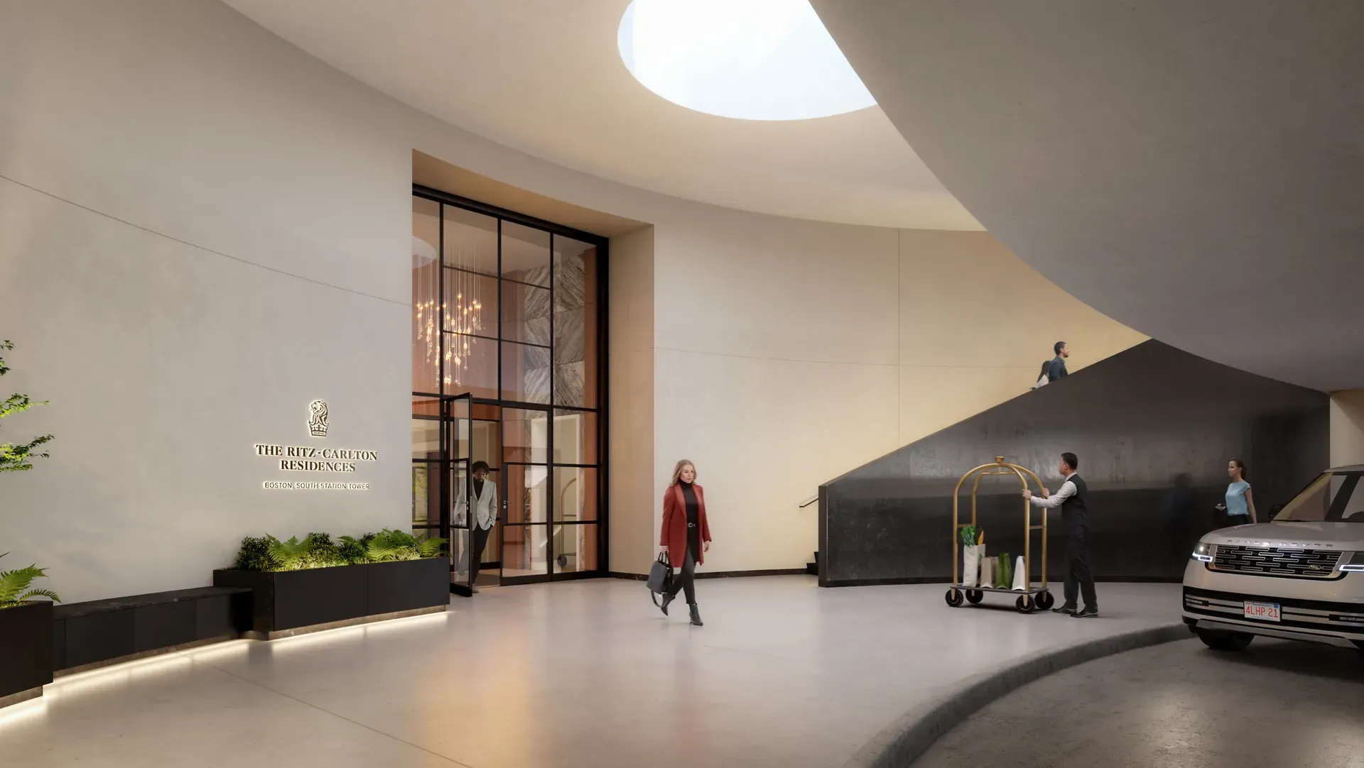 Boston South Station Tower exterior skyline at dusk